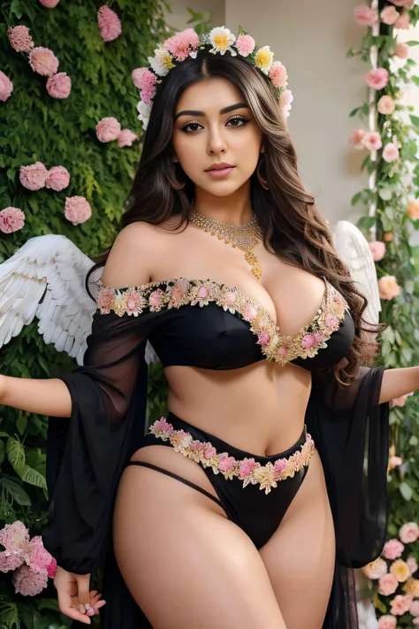 Hansika Motwani is a angel, Big breast, Big  . Indian Apsara, indian angel. Curvy figure, beautiful face, beautiful figure, flowers stage. On her head flowers garland. She has angel wings. Her body cover with flowers. Black colour outfit, All outfits made ...