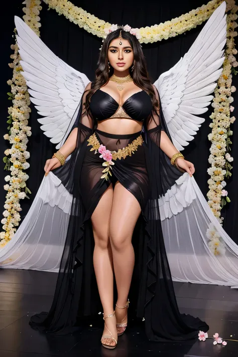 Hansika Motwani is a angel, Big breast, Big  . Indian Apsara, indian angel. Curvy figure, beautiful face, beautiful figure, flowers stage. On her head flowers garland. She has angel wings. Her body cover with flowers. Black colour outfit, All outfits made ...