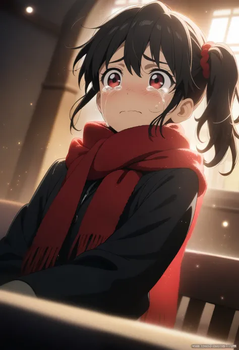 1girl mattaku mousuke, official art, sitting, crying, tears streaming, black coat, red scarf, black hair, side_ponytail, red eyes, (very aesthetic, best quality, ultra detailed), intricate details, highres, indoors, light particles, close-up, blurry backgr...