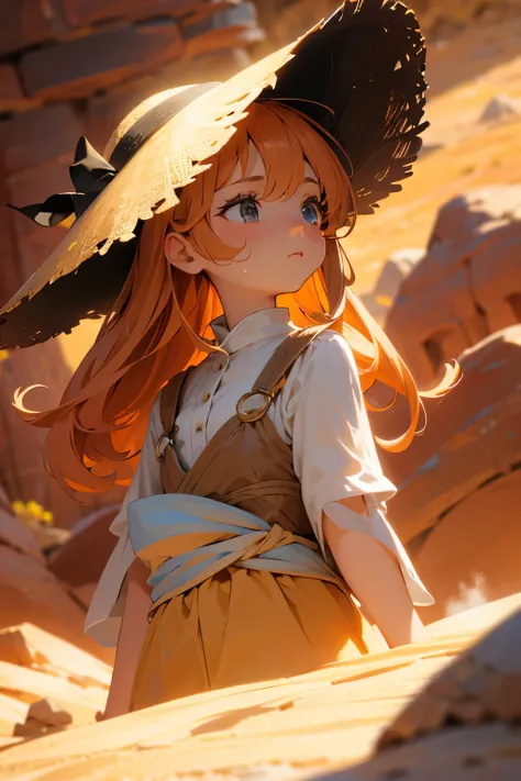 Chibi Girl、Walking along a straight road in Valley of Fire State Park、hat、Sweat、heat haze、No green、I can see a big rock mountain、Very detailed、Ultra-realistic、Photorealistic、8K、Hyperrealistic、masterpiece、Beautiful detailed eyes、Beautiful detailed lips、Very...