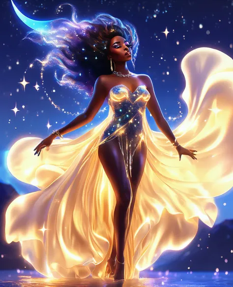 a luminous black woman formed entirely of radiant, twinkling stars, suspended in the celestial expanse, draped in a flowing, eth...