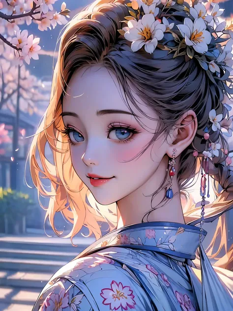 ((best qualityer)), ((work of art)), ((realisitic)),  with impeccable beauty in a serene Japanese garden with cherry blossoms at eye level, scenic, work of art, (high resolution), original, extremely detalheed 8K , (photorealisitic:1.4),flawless face, perf...