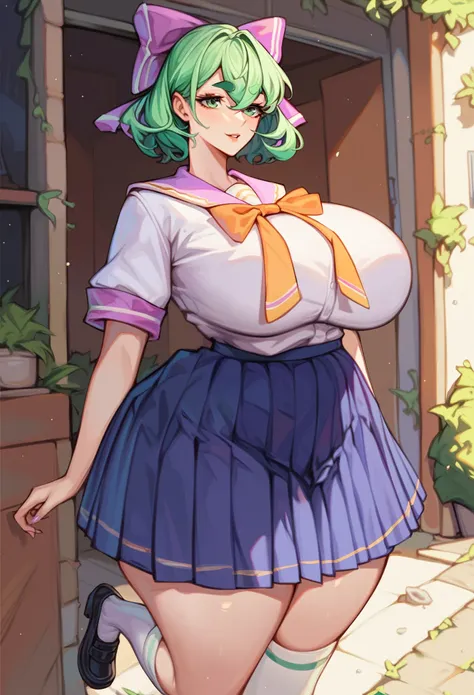 Fraction_9，Fraction_8_direction_7_direction_6_direction_5_direction_4_up，Green short hair，Green Eyes，Tie a bow at the back of your head，Purple and sailor collar，Striped sailor suit，Blue pleated skirt，White socks，leather shoes，Bean eyebrows，Wide hips，Thick ...