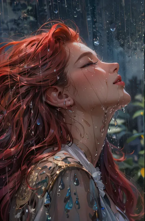 a close up picture of a womans face looking towards the sky, as she looks up the (rain drops: 1.3) fall on her face, a very beautiful woman, long hair, blonde red hair, wavy hair, wet hair, closed eyes, she wears an elegant, intricate dress, there is a sen...