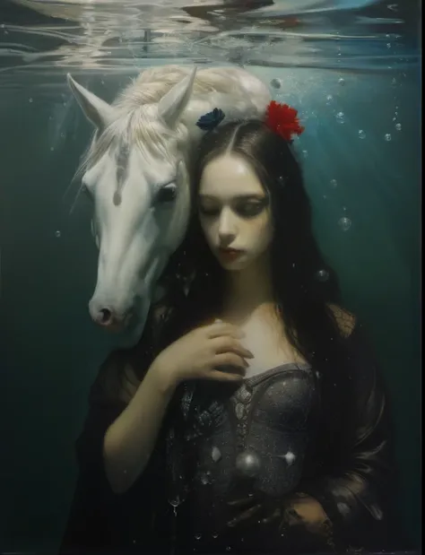 James Gurney, Surrealist art , dream-like, mysterious, Provocative, symbolic, Complex, detailed,, (Gothic but very beautiful:1.4), (masterpiece, Highest quality:1.4) , Nicola Samori Style,Water bubbles、Underwater、Beautiful young woman with a unicorn