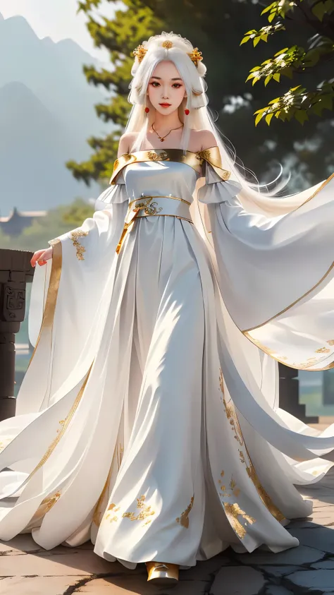 Girl in traditional Chinese clothing, Hanfu, Guzhen Hanfu women, White Hanfu,(long straight white hair:1.5), black eyes, black bun hairstyle, hair accessories ,white diamond earrings, Bangle Diameter, Dia Necklace, Clear eyes, Facing forward,put on makeup,...