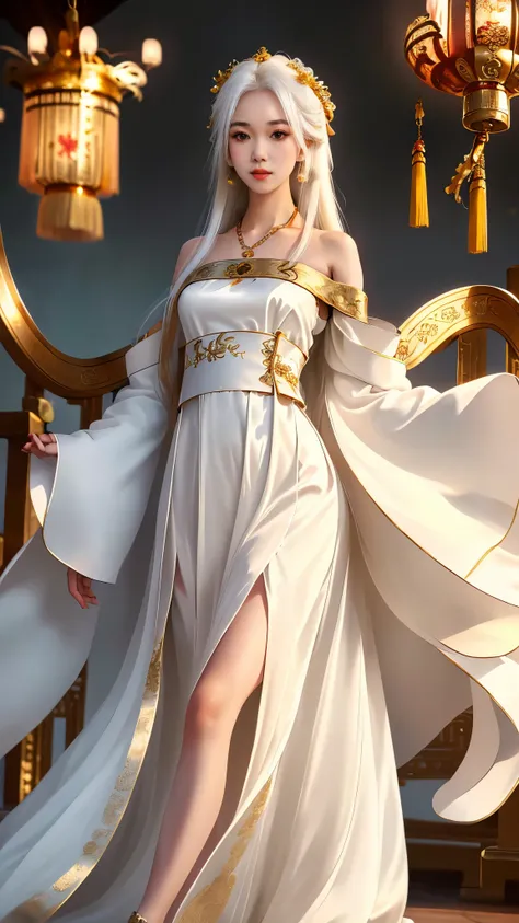 Girl in traditional Chinese clothing, Hanfu, Guzhen Hanfu women, White Hanfu,(long straight white hair:1.5), black eyes, black bun hairstyle, hair accessories ,white diamond earrings, Bangle Diameter, Dia Necklace, Clear eyes, Facing forward,put on makeup,...