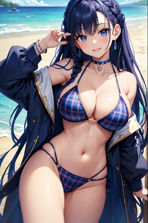 Highest quality、Highest quality、masterpiece、(8K),beauty(Age 25)、Navy blue long hair(Braiding of sides)、blue eyes、Sexy Bikini(Plaid)、Big cleavage、(Big Breasts)、smile、blue necklace、Blue Earrings、background(Beach)、Please open your mouth wide、bracelet、Arching ...