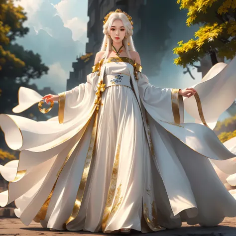 Girl in traditional Chinese clothing, Hanfu, Guzhen Hanfu women, gold Hanfu,(long straight white hair:1.5), black eyes, black bun hairstyle, hair accessories ,white diamond earrings, Bangle Diameter, Dia Necklace, Clear eyes, Facing forward,put on makeup, ...
