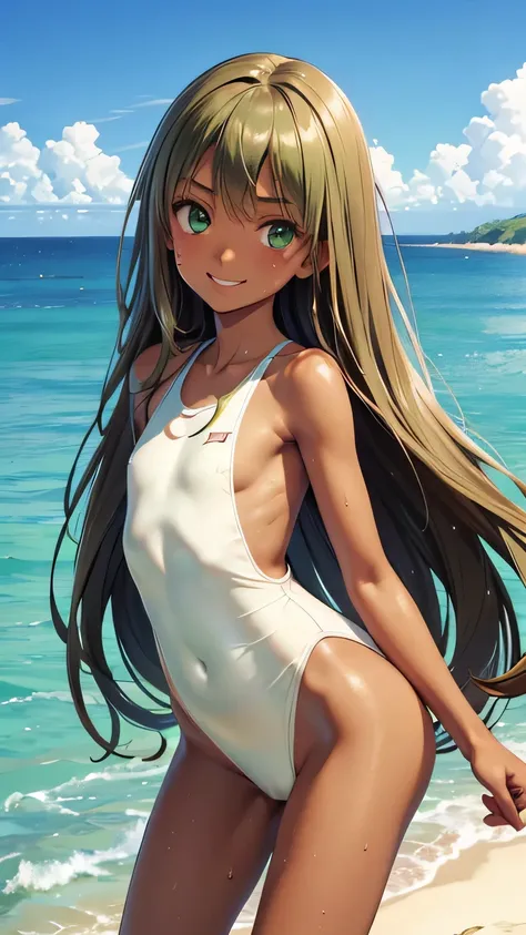 highest quality、Realistic、zoom、Chestnut Hair、Moss green eyes、Long Straight Hair、One piece swimsuit、Tanned black body、Tan、Brown Skin、slender、boyish、Sweat、smile、Ocean、