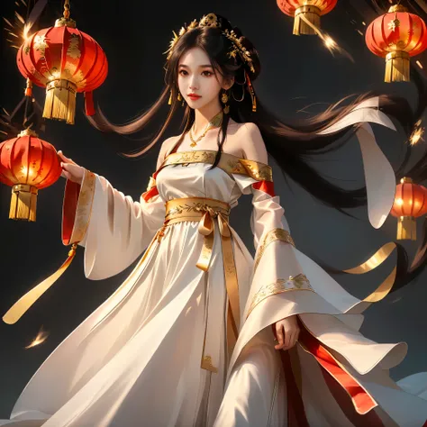 Girl in traditional Chinese clothing, Hanfu, Guzhen Hanfu women, gold Hanfu,(long straight black hair:1.5), black eyes, black bun hairstyle, hair accessories ,white diamond earrings, Bangle Diameter, Dia Necklace, Clear eyes, Facing forward,put on makeup, ...