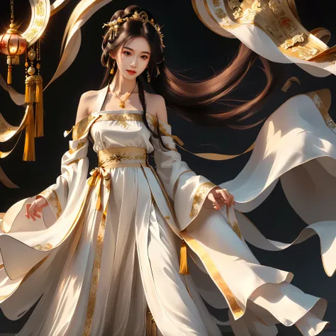Girl in traditional Chinese clothing, Hanfu, Guzhen Hanfu women, gold Hanfu,(long straight black hair:1.5), black eyes, black bun hairstyle, hair accessories ,white diamond earrings, Bangle Diameter, Dia Necklace, Clear eyes, Facing forward,put on makeup, ...