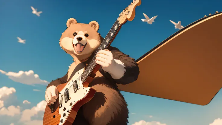 A cute bear is playing a flying V type guitar