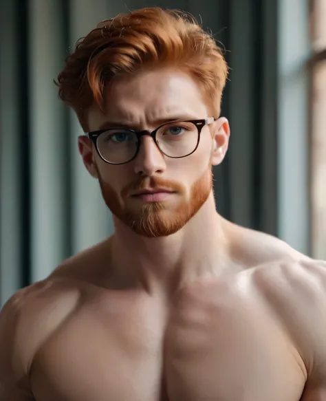 A portrait of a handsome muscular redhead bearded young man with short hair wearing glasses looking sternly at the camera, shirtless ripped, (Best quality, 4k, Masterpiece :1.3)