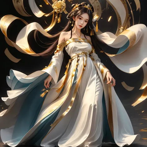 Girl in traditional Chinese clothing, Hanfu, Guzhen Hanfu women, gold Hanfu,(long straight black hair:1.5), black eyes, black bun hairstyle, hair accessories ,white diamond earrings, Bangle Diameter, Dia Necklace, Clear eyes, Facing forward,put on makeup, ...