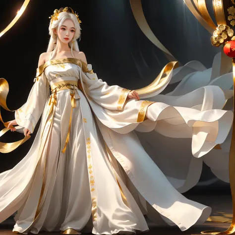 Girl in traditional Chinese clothing, Hanfu, Guzhen Hanfu women, gold Hanfu,(long straight white hair:1.5), black eyes, black bun hairstyle, hair accessories ,white diamond earrings, Bangle Diameter, Dia Necklace, Clear eyes, Facing forward,put on makeup, ...