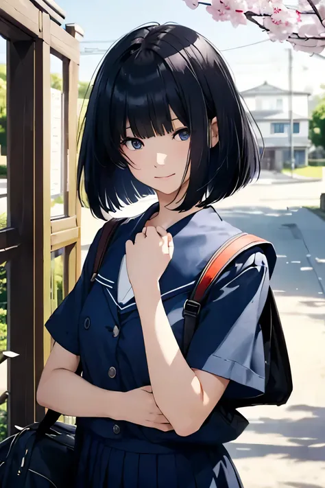 Primary school students、Black-haired、Iris、Bob Cut Hairstyles、Cut the front hair evenly、 Blue Sailor Suit、clothes that are longer than your body size、school bag、Small breasts、A kind smile、Red Tide、 {{{{{{The background is the school gate of a Japanese high ...