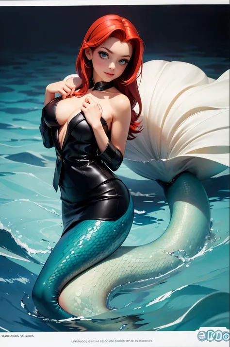 sexy adult ariel (the little mermaid) , wearing a professional black business suit with skirt showing legs, and make her hair just like it was in the cartoon movie 