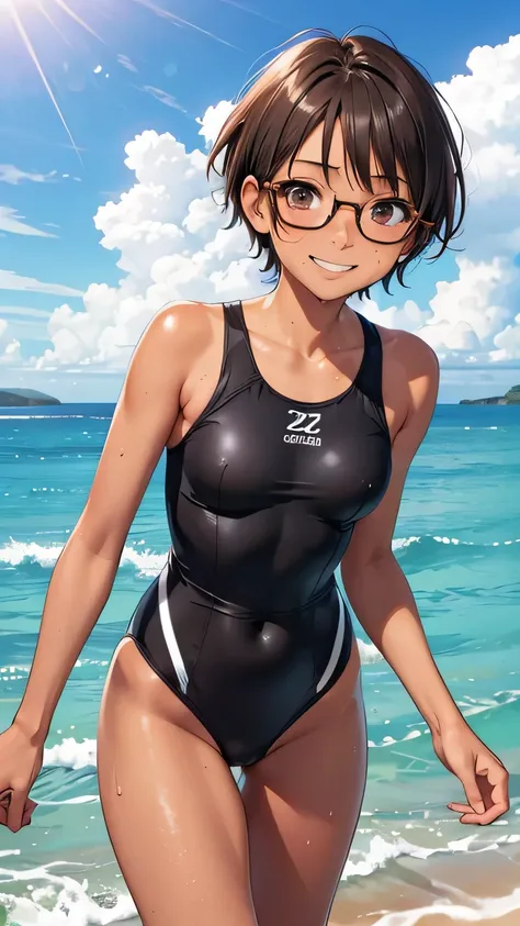 highest quality、Realistic、zoom、Chestnut Hair、Gray Eyes、short hair、Glasses、freckles、One piece swimsuit、Tanned black body、Tan、Brown Skin、boyish、slender、Sweat、smile、Ocean、