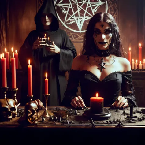 arafed woman in a black dress sitting at a table with candles, scary horrifying satanic rituals, demonic magic ritual, spell casting, satanic ritual, occult ritual, home wicca scene, black magic spells, ritual occult gathering, satanism, pagan occultism, c...