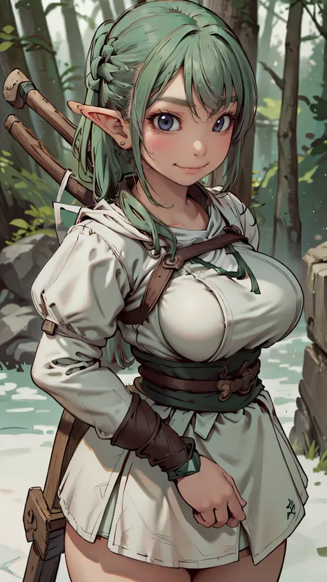 (cute elf ),(archer clothes),,(messy hairstyle),(large breasts:1.5),in forest background,(detailed archer's equipment),(highest ...