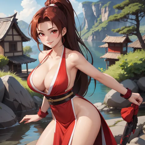 Mai Shiranui woman 20 years old straight orange hair , , red eyes like ruby., SMILE, blush,  pale skin, big breasts, Disfraz of Mai Shiranui, revealing red dress/blancoi,  ninja village background.