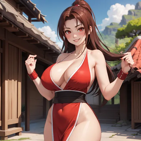 Mai Shiranui woman 20 years old straight orange hair , , red eyes like ruby., SMILE, blush,  pale skin, big breasts, Disfraz of Mai Shiranui, revealing red dress/blancoi,  ninja village background.