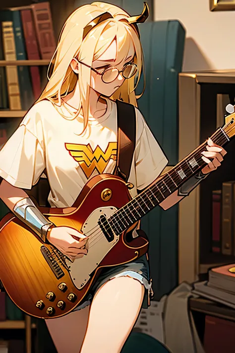 blond hair,linen glasses,golden horns,sublime shirt,wonder woman shorts,book in head,guitar behind