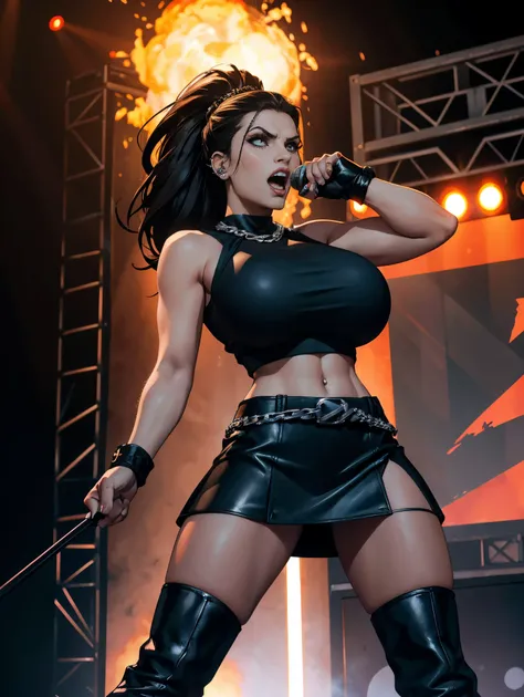 Extremely busty thin and toned brunette death metal singer, college girl, fair skin, big hair, hair pulled back, soft face, athletic, heavy makeup, piercings, black leather, studs, TIGHT BLACK TOP, boots, fingerless gloves, tight skirt, chains. standing on...