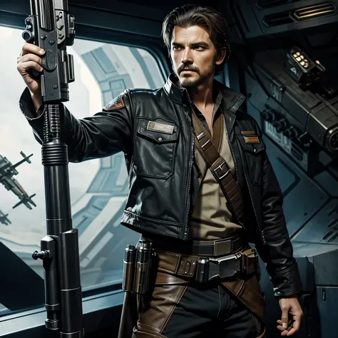 Outlaw man in a pilot costumes from the Star Wars universe, holding a large blaster revolver and a space fighter in the background