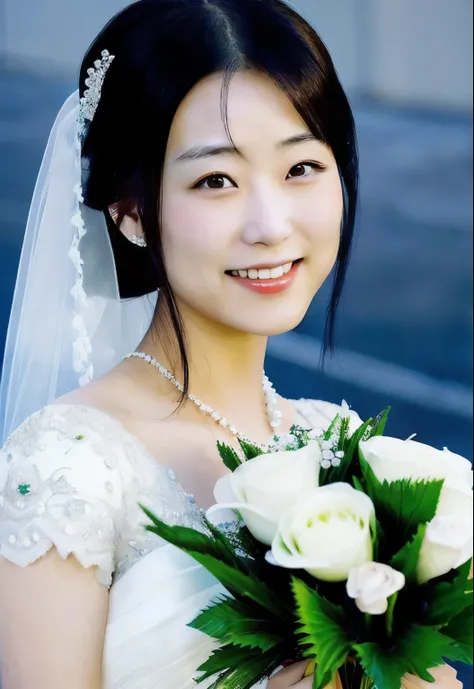 a close up of a woman in a wedding dress holding a bouquet, Yoshitomo Nara, bride, deayami kojima, ji-min, chiho ashima, kiyoko suzuki, yukii morita, narumi kakinouchi, mariko mori, jen zee, jacqueline e, ayami kojima amano, joy ang