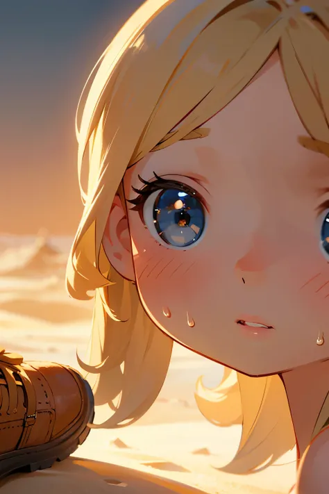 Chibi Girl、Walking through the desert under the scorching sun、Sweat、heat haze、Cute Shoes、whole body、A landscape of nothing but sand、Very detailed、Ultra-realistic、Photorealistic、8K、Hyperrealistic、masterpiece、Beautiful detailed eyes、Beautiful detailed lips、V...