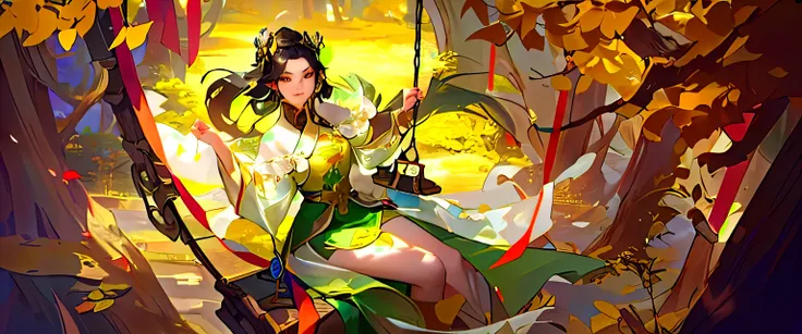 there is a woman that is sitting on a swing in the woods, inspired by Lan Ying, by Yang J, cushart krenz key art feminine, inspired by Fenghua Zhong, art of wlop, inspired by Ju Lian, a beautiful fantasy empress, artgerm lau, by Leng Mei, by Chen Lin, by F...