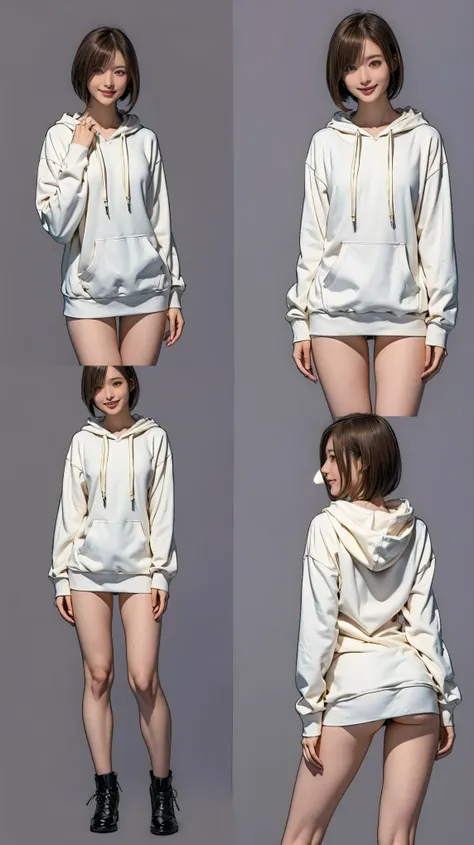 ((masterpiece)),(((Highest quality))),((Character design sheet)), Thin thighs,Long legs,18 year old Japanese girl, Cute type,The best smile:1.5，white long hoodie:1.5, Black panties in full view 1.5，Very short hair ,  (Highly detailed skin), The background ...