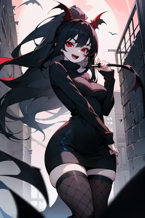 character art, anime inspired, vampire female, pale skin, red eyes, long thick black hair, fangs, beautiful, seductive, short black sweater dress with fishnet thigh highs, open mouth, curvy, in an alleyway, moon in the night sky in the background