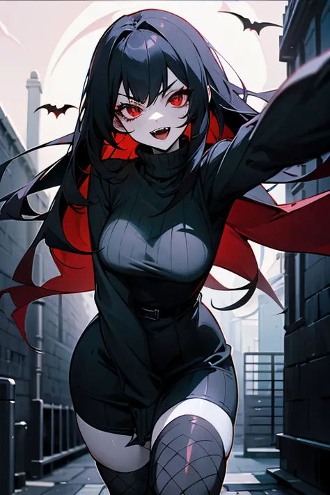 character art, anime inspired, vampire female, pale skin, red eyes, long thick black hair, fangs, beautiful, seductive, short black sweater dress with fishnet thigh highs, open mouth, curvy, in an alleyway, moon in the night sky in the background