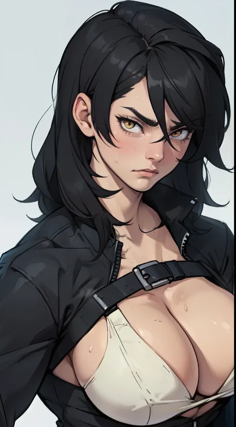 muscular yellow eyes pale skin girl sad cleavage frown sweaty big breasts black hair perfect quality expressionless