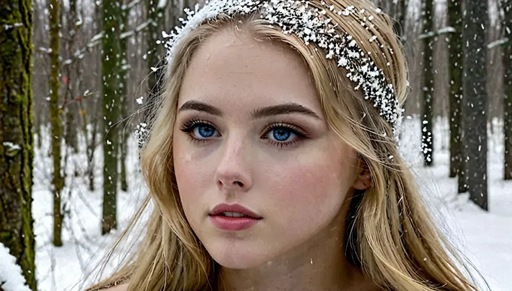 AlexiaThompson01R,, emerges from the snow falling outside, her straight blonde hair capturing the softness of flakes dancing in the wind. His expression is a mix of sadness and determination, reflected in your deep blue eyes, that seem to absorb the vastne...