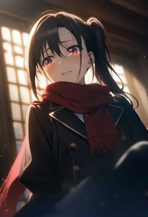 1girl toosaka asagi, official art, sitting, crying, tears streaming, black coat, red scarf, black hair, side_ponytail, red eyes, (very aesthetic, best quality, ultra detailed), intricate details, highres, indoors, light particles, close-up, blurry backgrou...