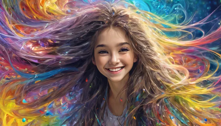 (best quality, masterpiece, ultra detailed, ultra high res, photorealistic, raw photo, absurdres, absolutely resolution), 1girl, long hair, messy hair, smile, colorful, long shot, fractal art