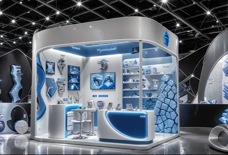  A large exhibition stand for the "metrii" brand in white and blue colors, featuring dental chairs, digital screens displaying teeth images, dental instruments on display shelves, LED lighting with a logo of an "axe shape", modern design, white background,...