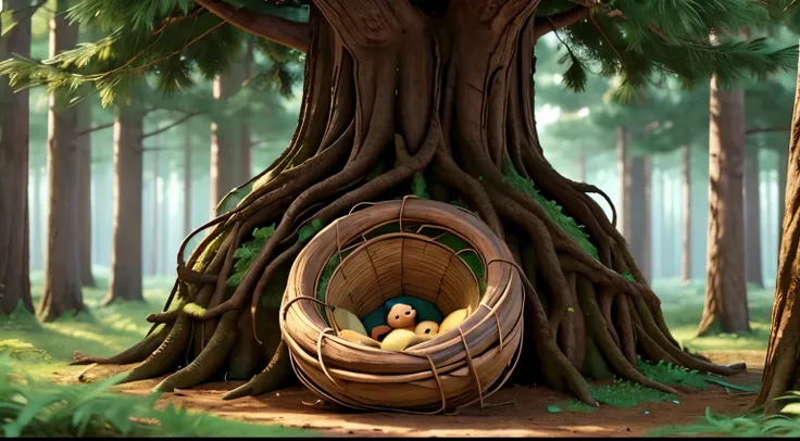 a forest, with a nest on top of a tall tree. 8k, UHD, Disney style HD