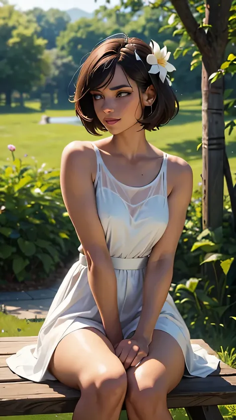 1girl, 25 years old, sitting, crossed legs, solo, white dress, bench, dark eyes, dark hair, leaf, see-through, water, sleeveless dress, hair ornament, tree, grass, sleeveless, short hair, lips, bare shoulders, hair flower, collarbone, swing, realistic, flo...