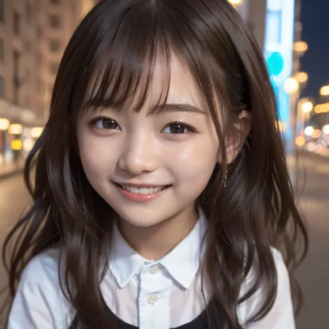 ((masutepiece))、((a small face))、((Realistic))、top-quality、 hight resolution、 ighly detailed, ((One Woman))、((Minami Minegishi))、((Young Face))、((grin)、((Wavy Hair))、(Colossal tits)、Brown detailed eyes、((nighttime scene))、((Dark hair))、((12year old))、((hea...