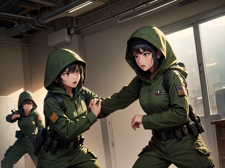 Four female soldiers fighting unarmed、Wearing dark green M-51 hooded military uniform、Hooded on head、Military Pants、Magazine Pouch、Hand-to-hand combat、Front view、best quality、Highly detailed CG、8K picture quality、Theatre lighting、lens flare