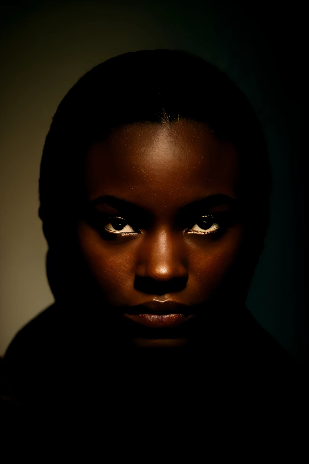 a haunting a mysterious puzzle of a lady, side glances to camera, dark skin, mixed cultures, staring intense, she looks to us, see into your soul, good luck, stylized dark clothing layers, dark room, moon light