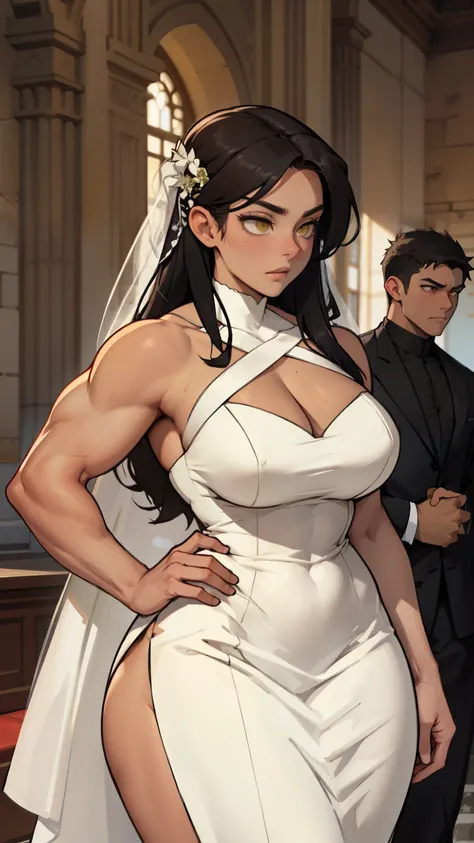 wide hips curvy thick thighs voluptuous large breasts muscular toned body bodybuilder black hair pale skin yellow eyes skintight expressionless sad sad wedding dress wedding dress wedding dress 