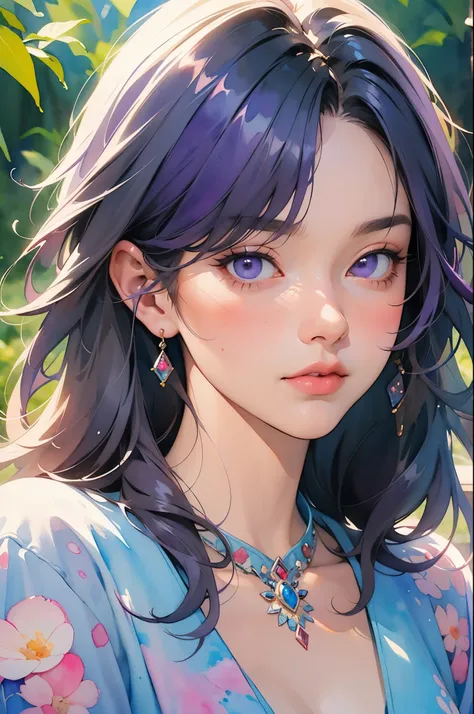 ((watercolor painting)) of a woman with purple hair and a purple dress, beautiful character painting, watercolor detailed art, in the art style of bowater, beautiful anime portrait, watercolor colored painting, alice x. zhang, detailed watercolor painting,...