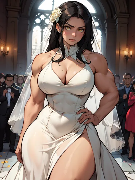 wide hips curvy thick thighs voluptuous large breasts muscular toned body bodybuilder black hair pale skin yellow eyes skintight expressionless sad sad wedding dress wedding dress wedding dress 