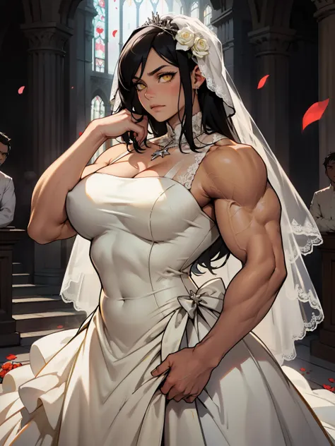 large breasts muscular toned body bodybuilder black hair pale skin yellow eyes skintight expressionless sad sad wedding dress wedding dress wedding dress solo